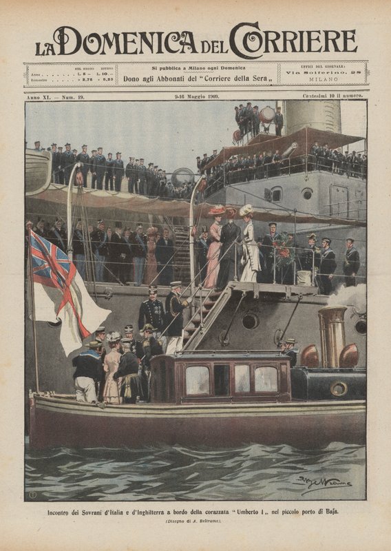 Möte mellan Italiens och Englands suveräner ombord på slagskeppet Umberto I i den lilla hamnen Baja av Achille Beltrame