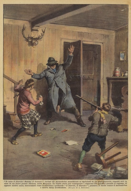 Jag är djävulen! Ge mig pengarna! intimisera en marodör i förklädnad till sina barn? av Achille Beltrame