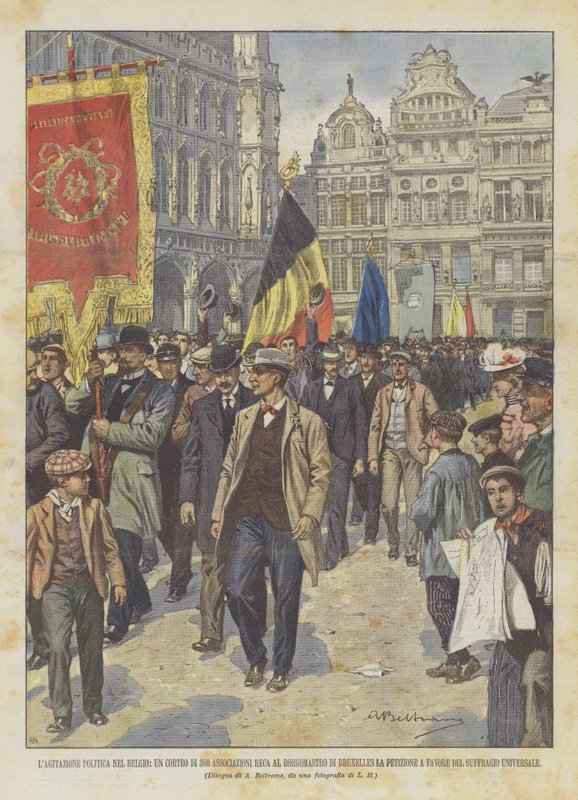 Politisk agitation I Belgien går en procession av 300 föreningar till borgmästaren i Bryssel? av Achille Beltrame