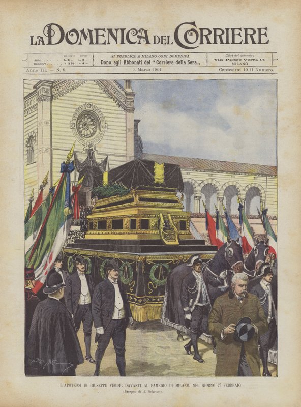 Giuseppe Verdis apoteos, framför famedio i Milano, den 27 februari av Achille Beltrame