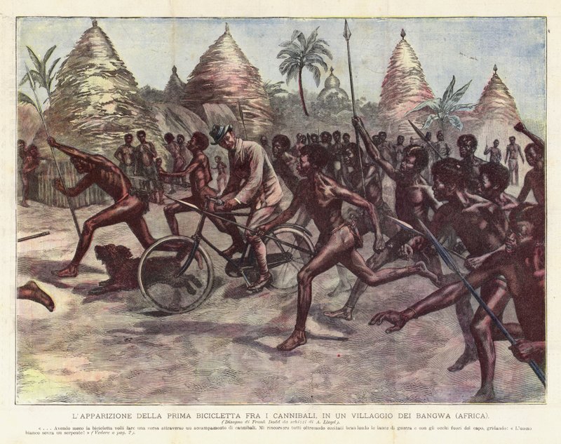 Uppenbarelsen av den första cykeln bland kannibaler, i en by i Bangwa (Afrika) av Achille Beltrame
