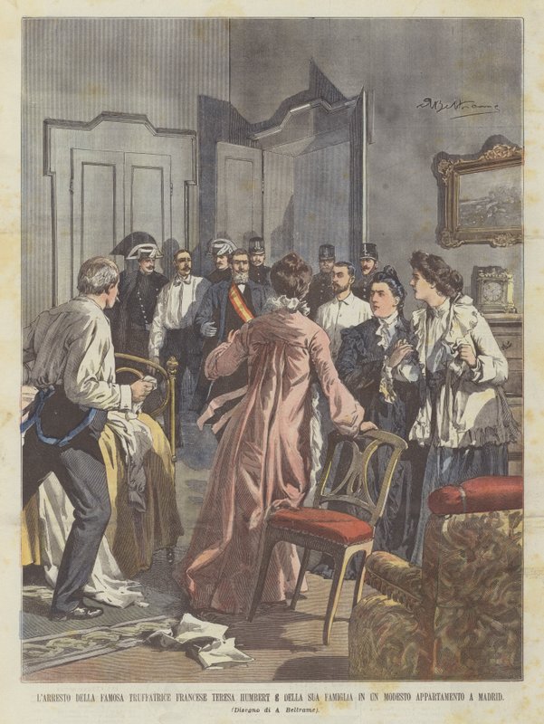 Gripande av den berömda franska bedragaren Teresa Humbert och hennes familj i en blygsam lägenhet i Madrid av Achille Beltrame