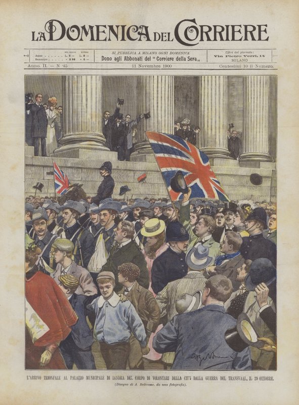 Stadens volontärkårs triumferande ankomst från kriget vid Londons kommunala byggnad? av Achille Beltrame