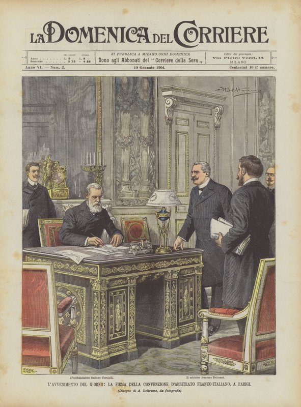 Dagens händelse, undertecknandet av den fransk-italienska skiljedomskonventionen, i Paris av Achille Beltrame