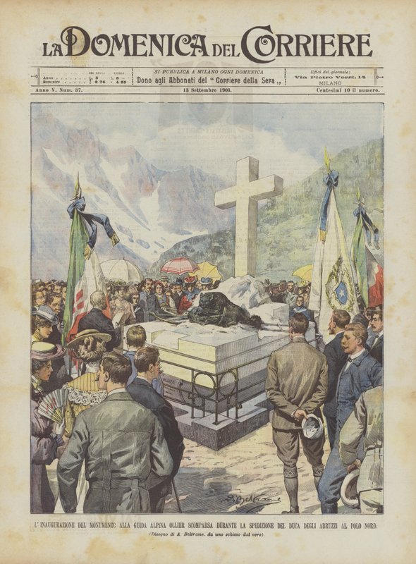 Invigningen av monumentet över bergsguiden Ollier Vem försvann under hertigens expedition? av Achille Beltrame