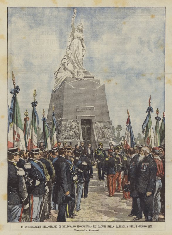 Invigningen av Ossario Di Melegnano (Lombardiet) för de stupade i slaget den 8 juni 1859 av Achille Beltrame