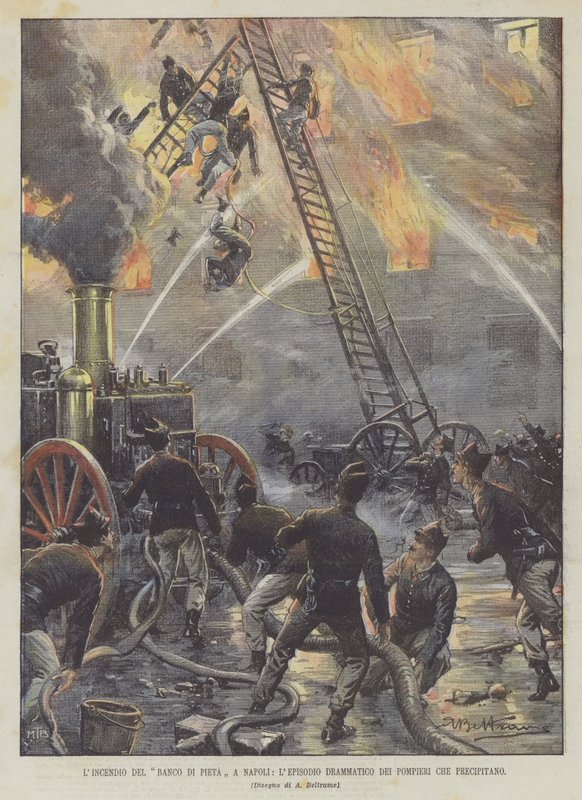 The Fire Of The Banco Di Pieta i Neapel, det dramatiska avsnittet av The Rushing Firefighters av Achille Beltrame