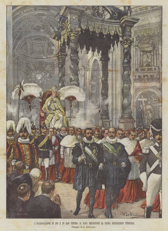 Kröningen av Pius X i Peterskyrkan, påven ger den första offentliga välsignelsen av Achille Beltrame