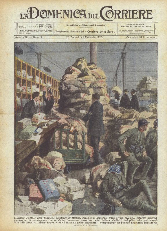 Postkontoret på Milanos centralstation, under strejken av Achille Beltrame