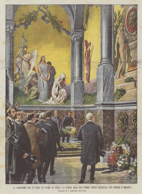 19 Corr-ceremonin för att hedra Verdi, besöket på hans gravhuvuden dekorerad med brons och mosaik av Achille Beltrame