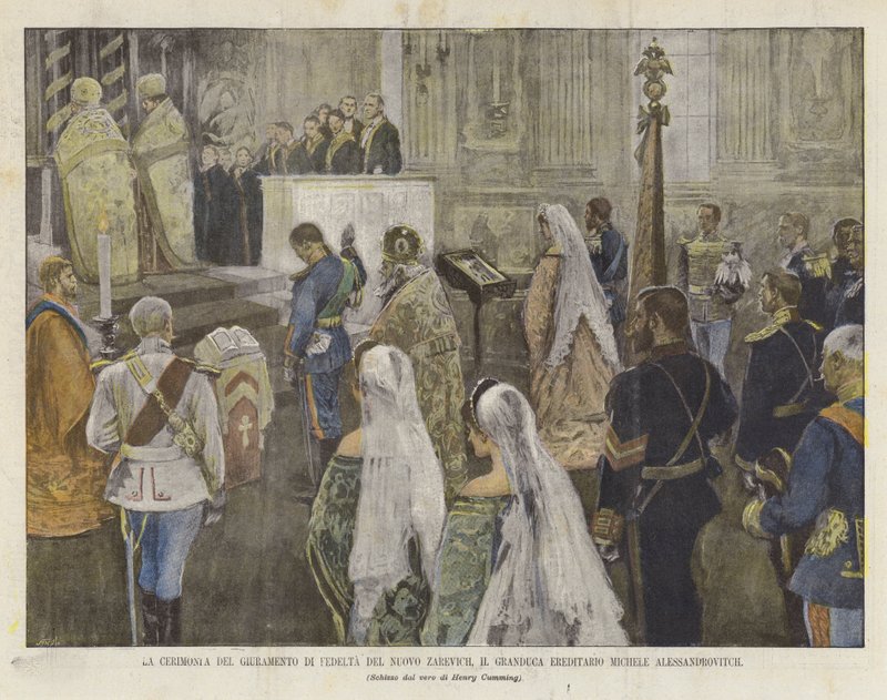 The New Zarevich Oath of Loyalty Ceremony, ärftlig storhertig Michele Alessandrovitch av Achille Beltrame