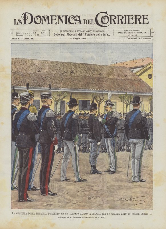 Leveransen av silvermedaljen till en alpin soldat, i Milano, för en stor tapperhet gjord av Achille Beltrame