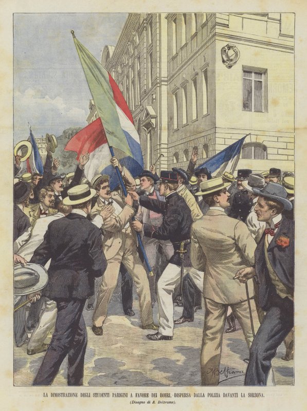 De parisiska studenternas demonstration till förmån för boerna, skingrad av polisen framför Sorbonne av Achille Beltrame