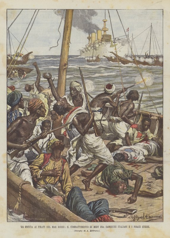 La Gaccia Ai Pirates of the Red Sea, Midys kamp mellan italienska fläderbär och piraterna själva av Achille Beltrame