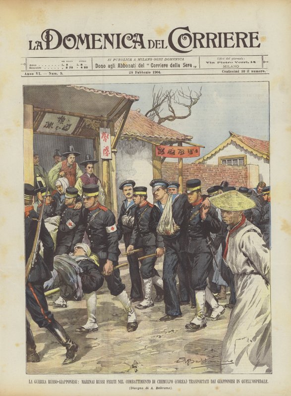 Det rysk-japanska kriget, ryska sjömän sårade i Chemulpo-strid (Korea) transporterade? av Achille Beltrame