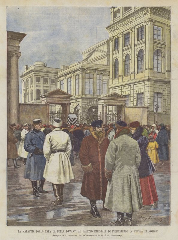 Tsarens sjukdom, folkmassan framför det kejserliga palatset i Petersburg i väntan på nyheter av Achille Beltrame