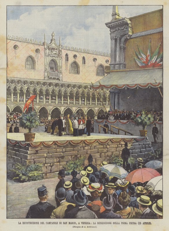 Rekonstruktion av Campanile di San Marco, i Venedig, välsignelsen av den första stenen (25 april) av Achille Beltrame