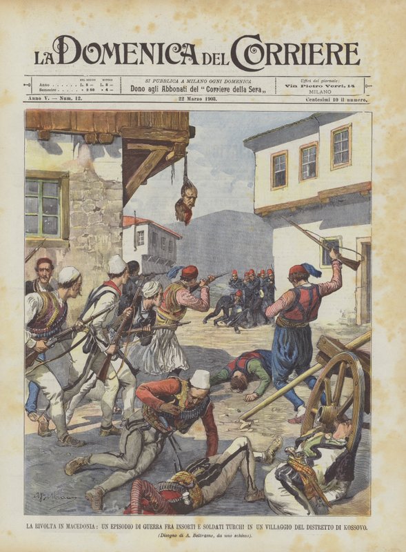 Det makedonska upproret, ett krigsavsnitt mellan rebeller och turkiska soldater i en by i? av Achille Beltrame