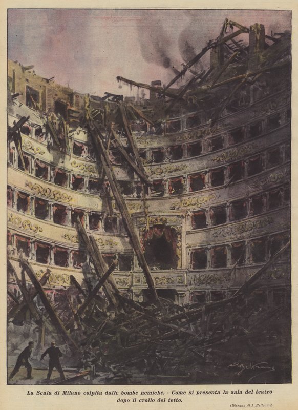 La Scala i Milano träffad av fiendens bomber av Achille Beltrame