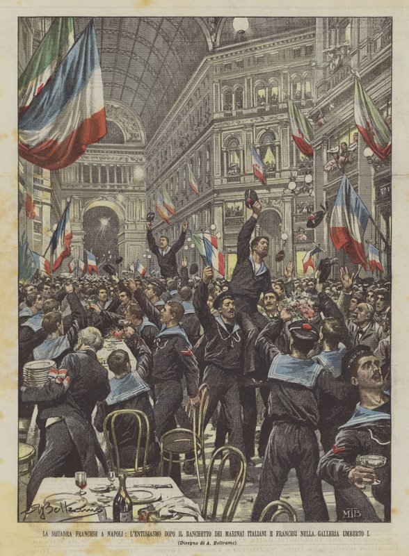 Det franska laget i Neapel, entusiasmen efter banketten för de italienska och franska sjömännen i? av Achille Beltrame
