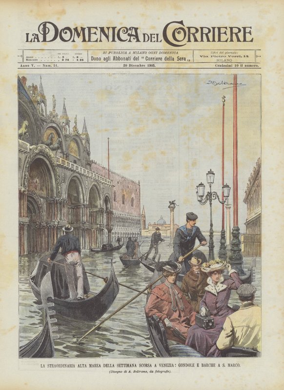 Förra veckans extraordinära högvatten i Venedig, gondoler och båtar i S Marco av Achille Beltrame