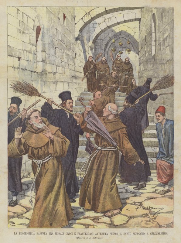 Den tragikomiska baruffan mellan grekiska och franciskanermunkar inträffade vid den heliga graven, i Jerusalem av Achille Beltrame