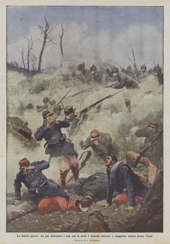 Det dåliga kriget, med kvävande gaser och inte med vapen, lyckas tyskarna erövra skyttegravar nära Ypres av Achille Beltrame