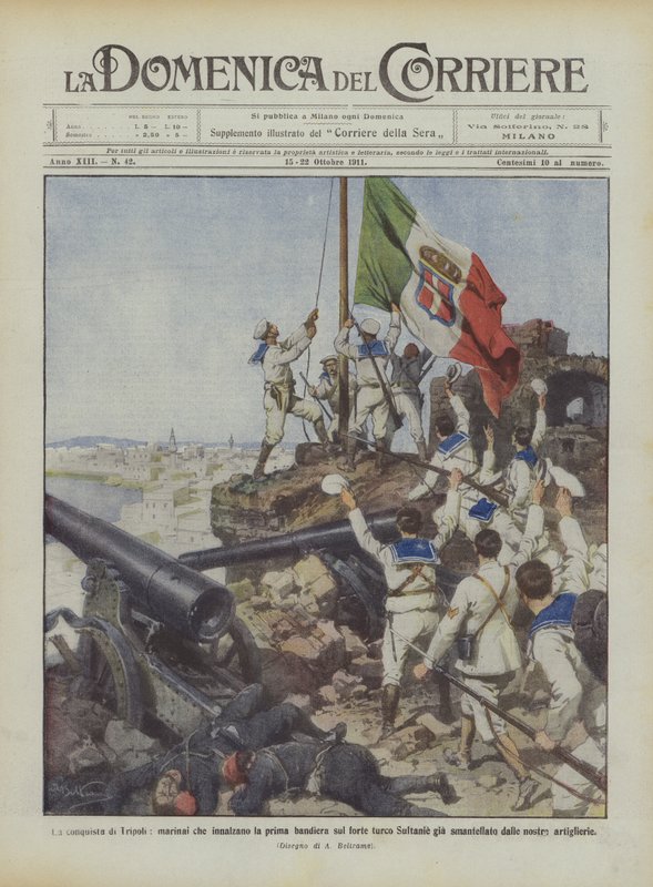Erövringen av Tripoli, sjömän som hissar den första flaggan på det turkiska fortet Sultanie redan? av Achille Beltrame