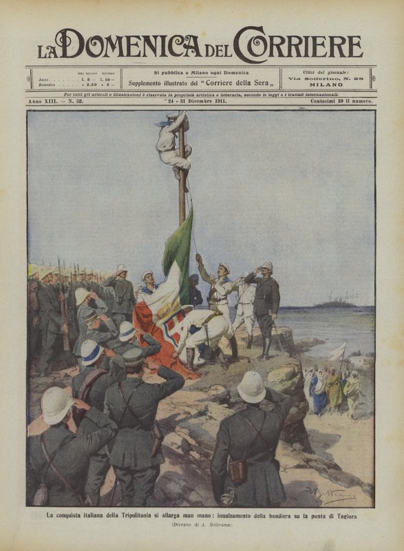 Den italienska erövringen av Tripolitanien vidgas gradvis och höjer flaggan på toppen av Tagiura av Achille Beltrame
