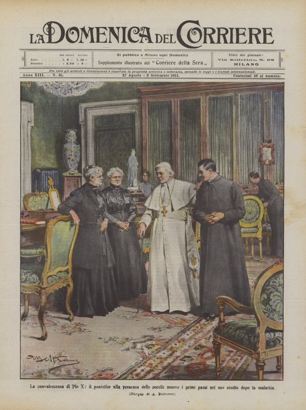 Konvalescensen för Pius X, påven i närvaro av systrarna som tar de första stegen i hans? av Achille Beltrame