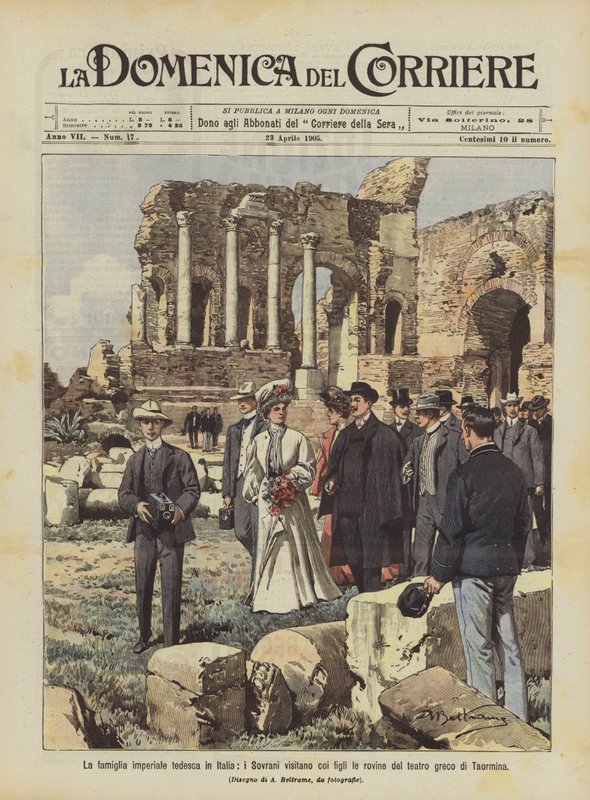 Den tyska kejserliga familjen i Italien, suveränerna besöker ruinerna av den grekiska teatern i Taormina med sina barn av Achille Beltrame
