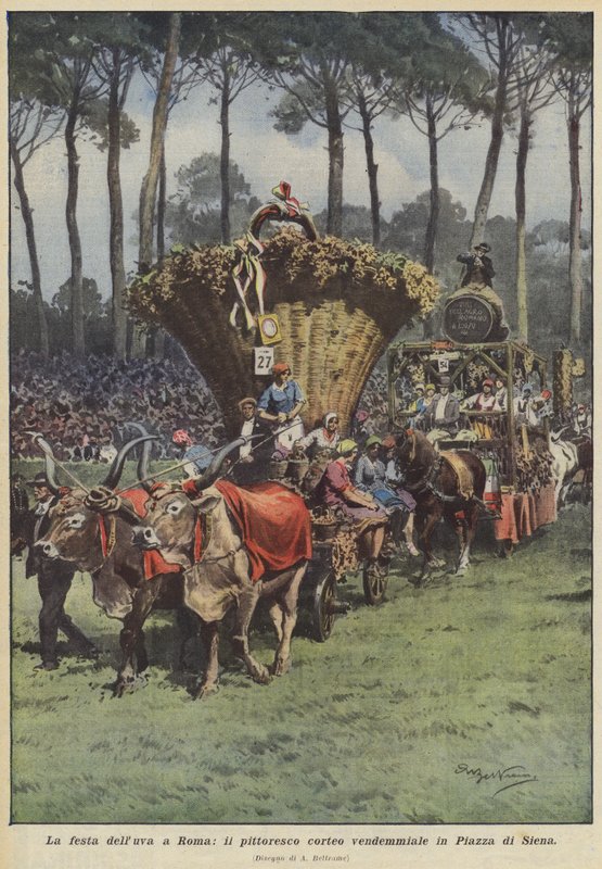 Druvfestivalen i Rom, den pittoreska druvskördeprocessionen på Piazza di Siena av Achille Beltrame