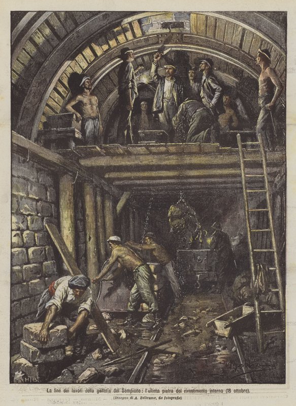 Slutet på arbetet med Simplon-tunneln, den sista stenen i den invändiga beklädnaden (18 oktober) av Achille Beltrame