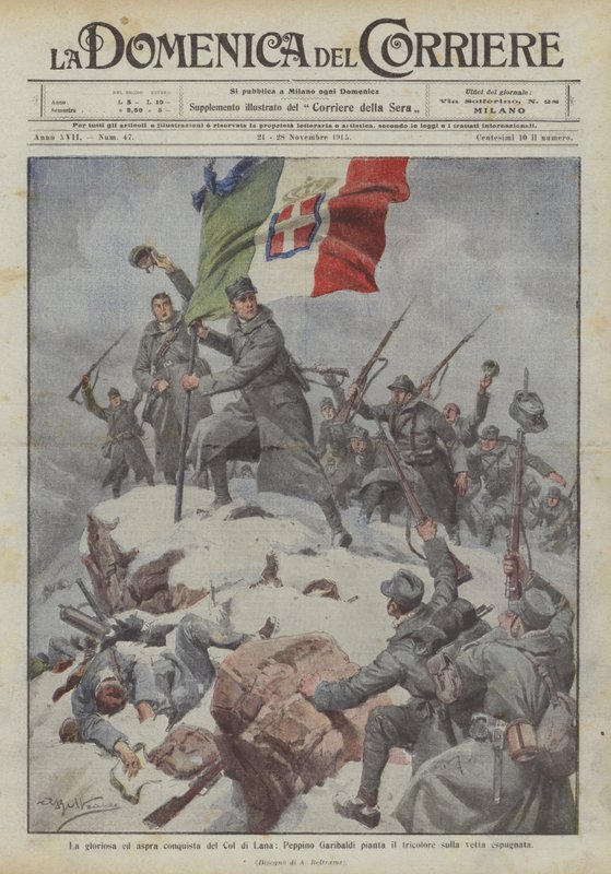 Den ärorika och hårda erövringen av Col di Lana, Peppino Garibaldi planterar trikoloren på det erövrade toppen av Achille Beltrame