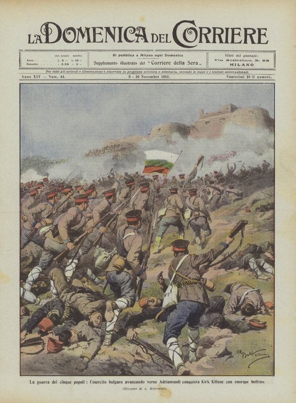 De fem folkens krig, den bulgariska armén som avancerar mot Adrianopel erövrar Kirk Kilisse? av Achille Beltrame
