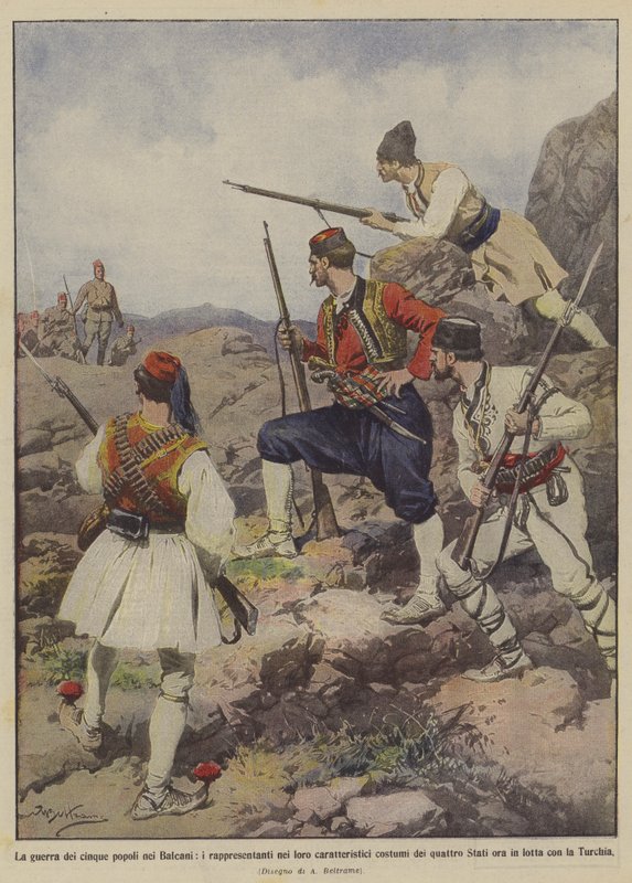 Kriget mellan de fem folken på Balkan, representanterna i sina karakteristiska dräkter av? av Achille Beltrame