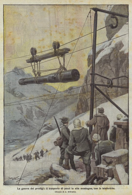 Underens krig, transporten av bitar i de höga bergen, med linbanorna av Achille Beltrame