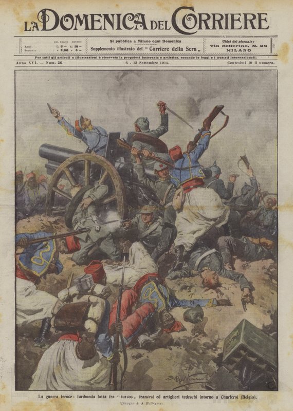 Det hårda kriget, rasande kampen mellan franska Turcos och tyska skyttar runt Charleroi (Belgien) av Achille Beltrame
