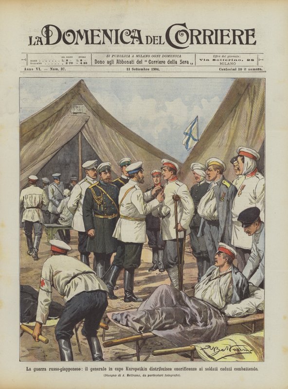 Det rysk-japanska kriget, general-in-chief Kuropatkin delar ut heder till soldater som stupade i strid av Achille Beltrame