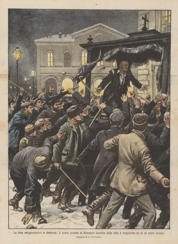 Anti-regeringskampen i Ungern, den nya prefekten i Debreczin förolämpad av folkmassan? av Achille Beltrame