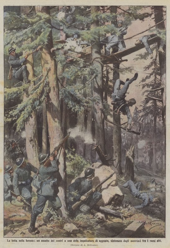 Kampen i skogarna, ett angrepp av oss på en av bakhållsställningarna som satts upp av? av Achille Beltrame