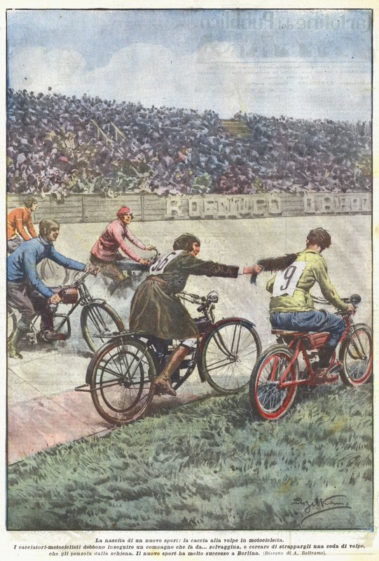 Födelsen av en ny sport, rävjakt på en motorcykel av Achille Beltrame