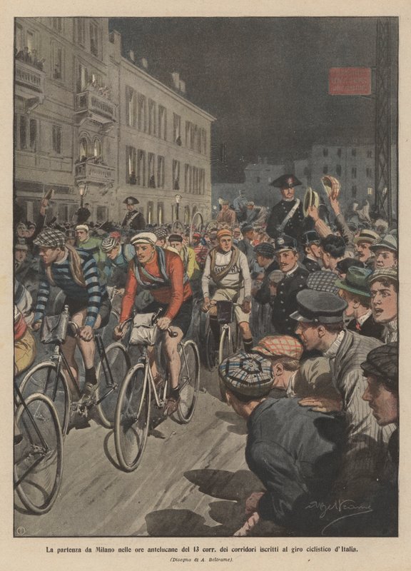 Avgången från Milano i morgontimmarna den 13:e kors av ryttare som anmälde sig till cykelturen i Italien av Achille Beltrame