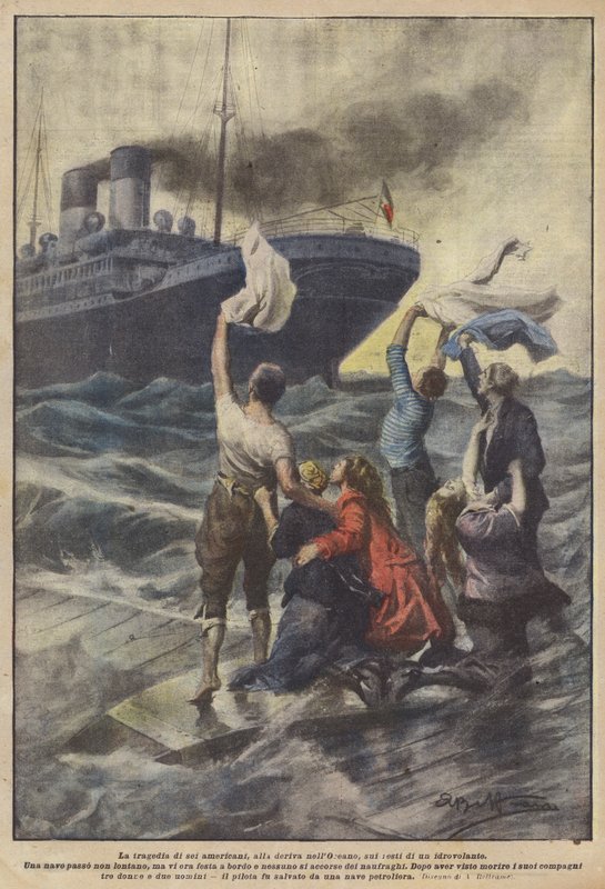 Tragedin av sex amerikaner, drivande i havet, på resterna av ett sjöflygplan av Achille Beltrame