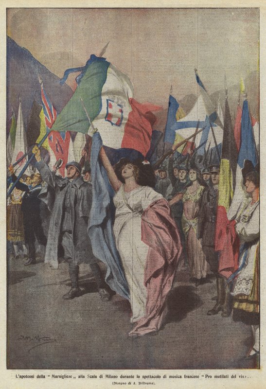 Lapotheosis of the Marseillaise på La Scala i Milano under den franska musikshowen Pro mutilati delface av Achille Beltrame