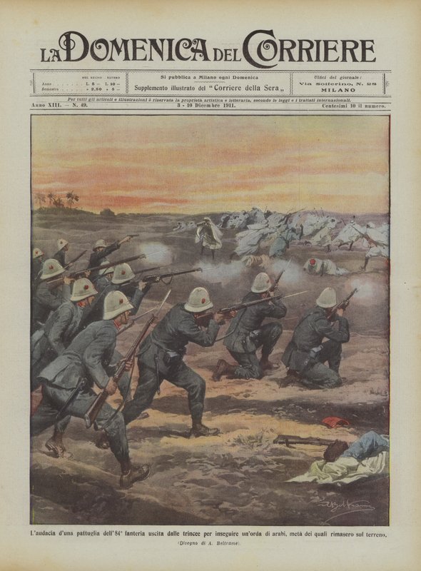 Fräckheten hos en patrull av det 84:e infanteriet som kom ut ur skyttegravarna för att förfölja en hord araber? av Achille Beltrame