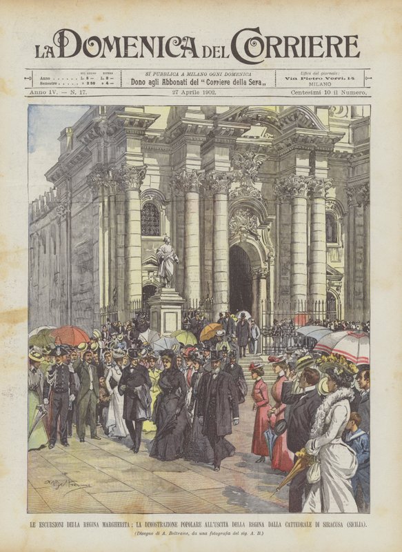 Drottning Margheritas utflykter, den populära demonstrationen vid drottningens utgång från? av Achille Beltrame