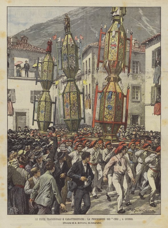 De traditionella och karakteristiska festivalerna, processionen av ljus i Gubbio av Achille Beltrame