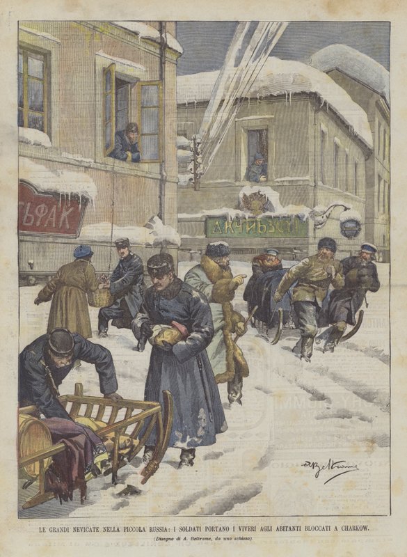 Stort snöfall i lilla Ryssland, soldater tar med mat till invånare som sitter fast i Kharkow av Achille Beltrame