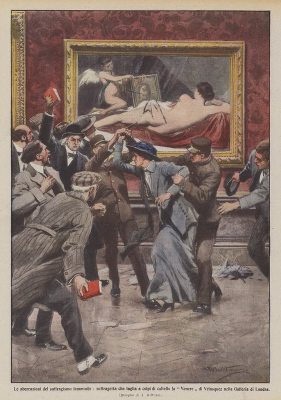 Den kvinnliga suffragismens avvikelser, suffragetta som skär Venus med en kniv? av Achille Beltrame